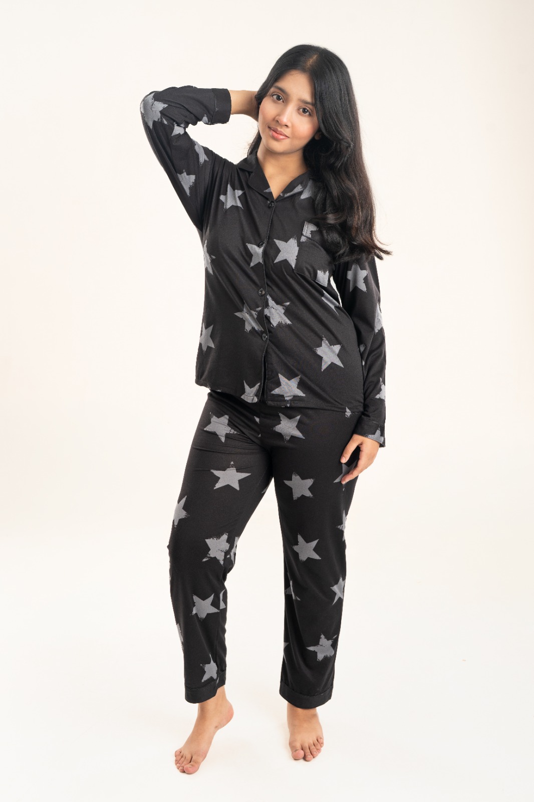 Women’s Black With Gray Star Printed PJ Full Set