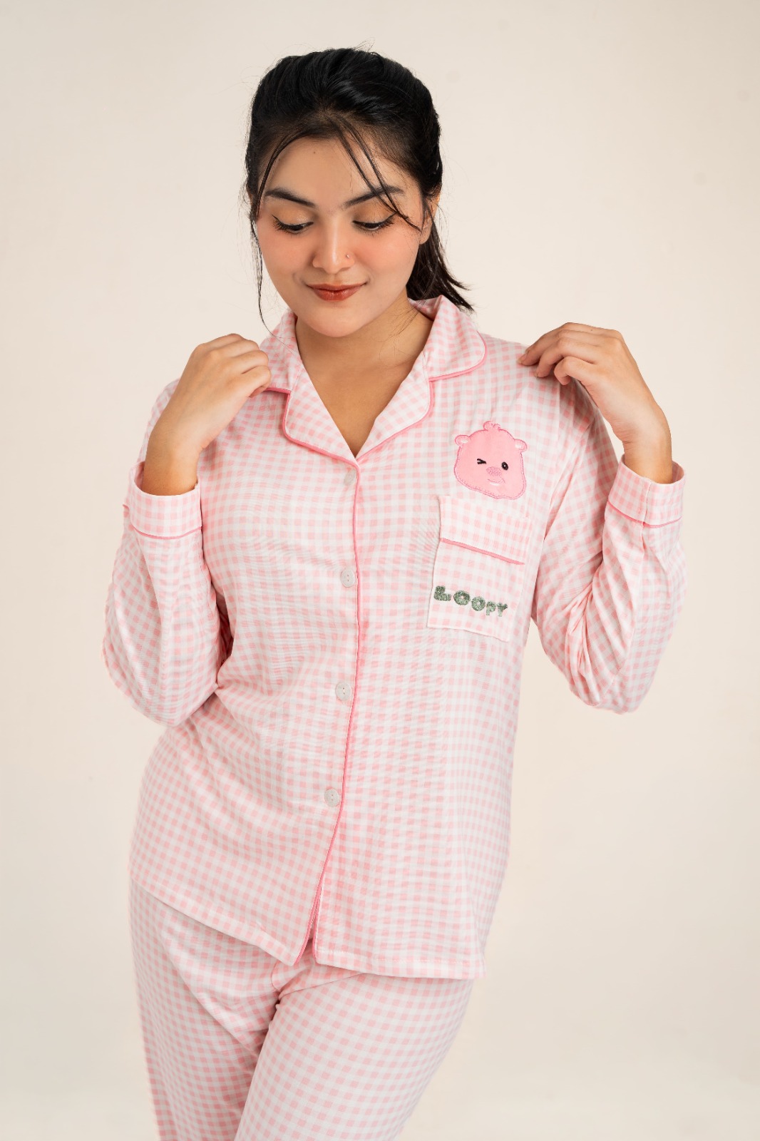 Women’s Pink Gingham Bear Embroidered Full-Sleeve PJ Set