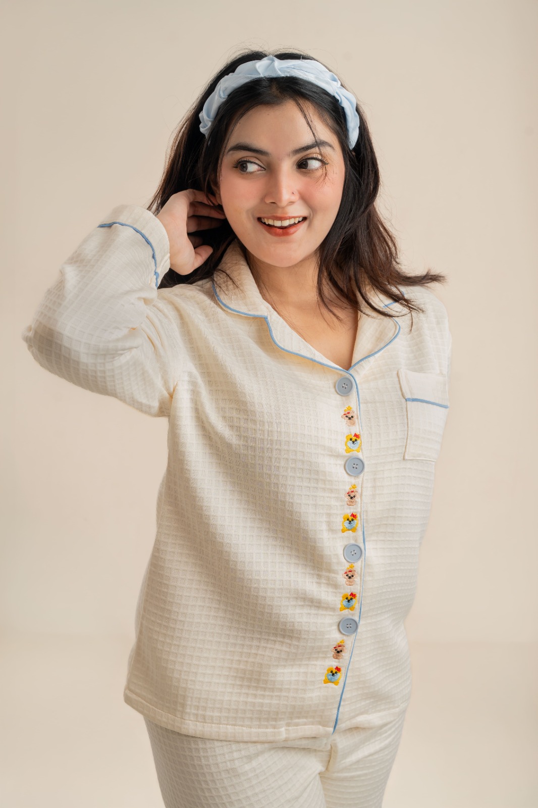 Women’s Cream Waffle Knit Embroidered PJ Set