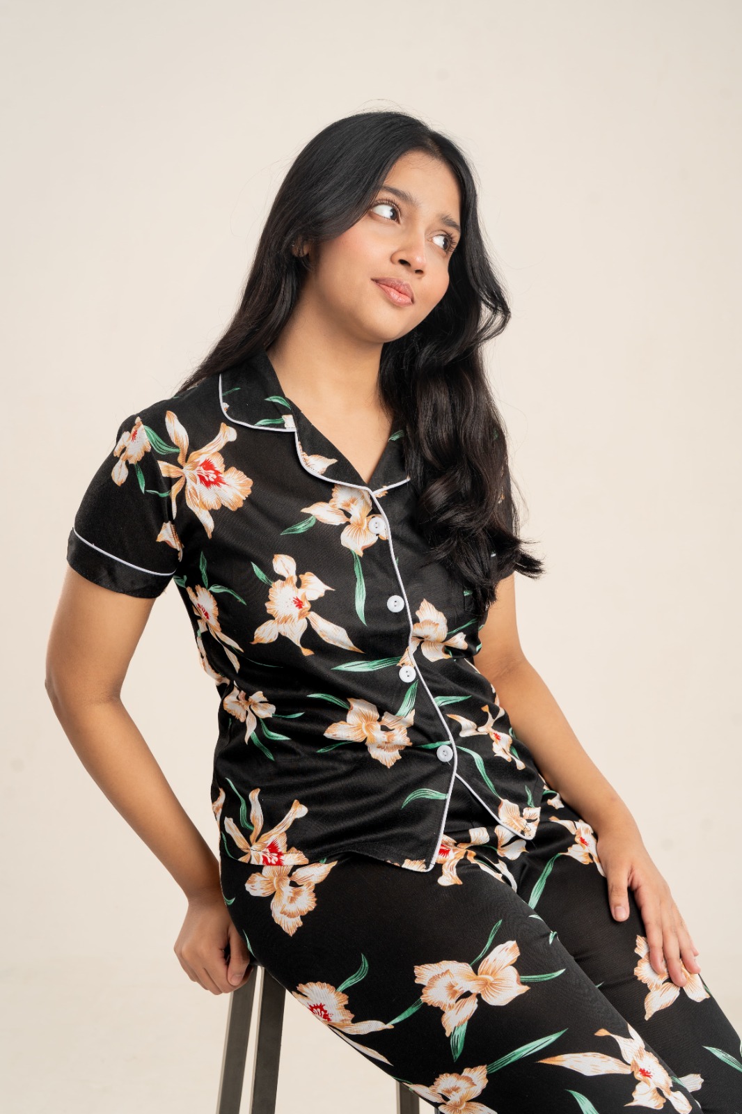 Women’s Black Floral Print Short Sleeve PJ Set