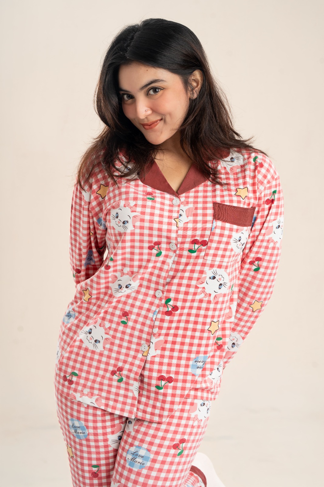 Women’s Pink Gingham Cat & Cherry Print PJ Set