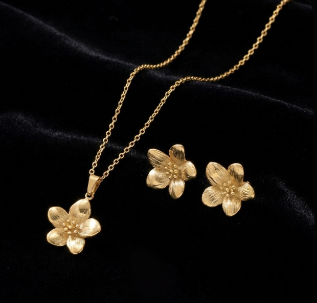 Golden Blossom Floral Necklace & Earrings Set