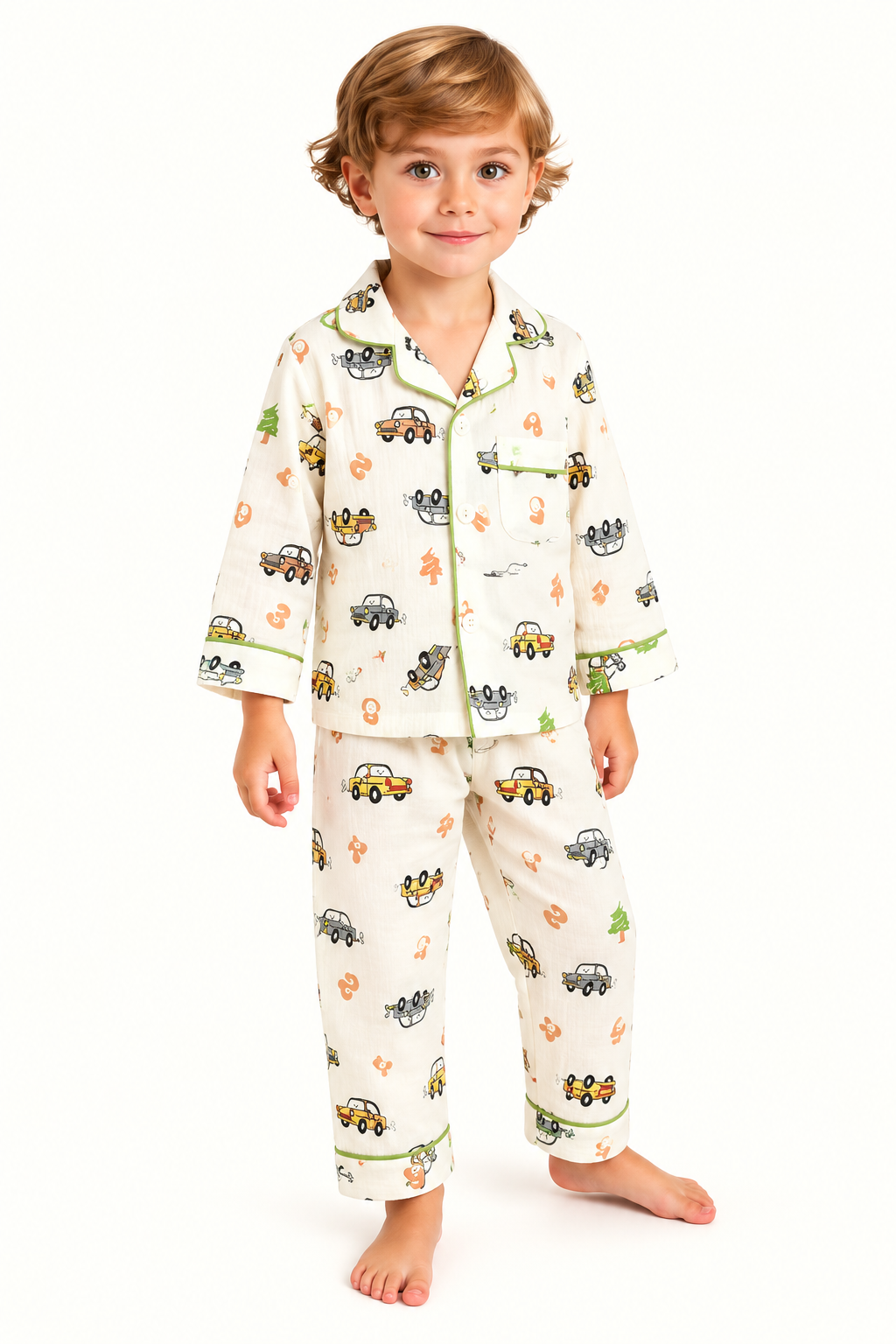 Kids Cream Car Print PJ Set – Long Sleeve Printed Top & Pants