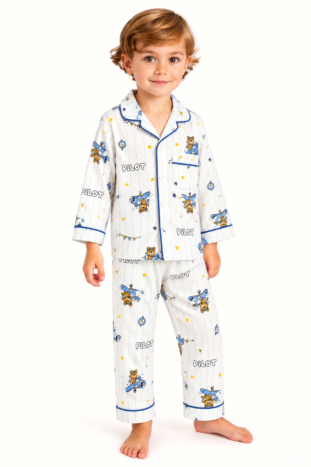 Kids Pilot Print PJ Set – Aviation Themed Long Sleeve Sleepwear