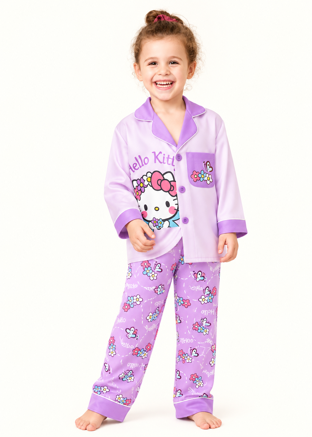 Girls Lavender Kitty Printed PJ Set – Long Sleeve Top & Pant
