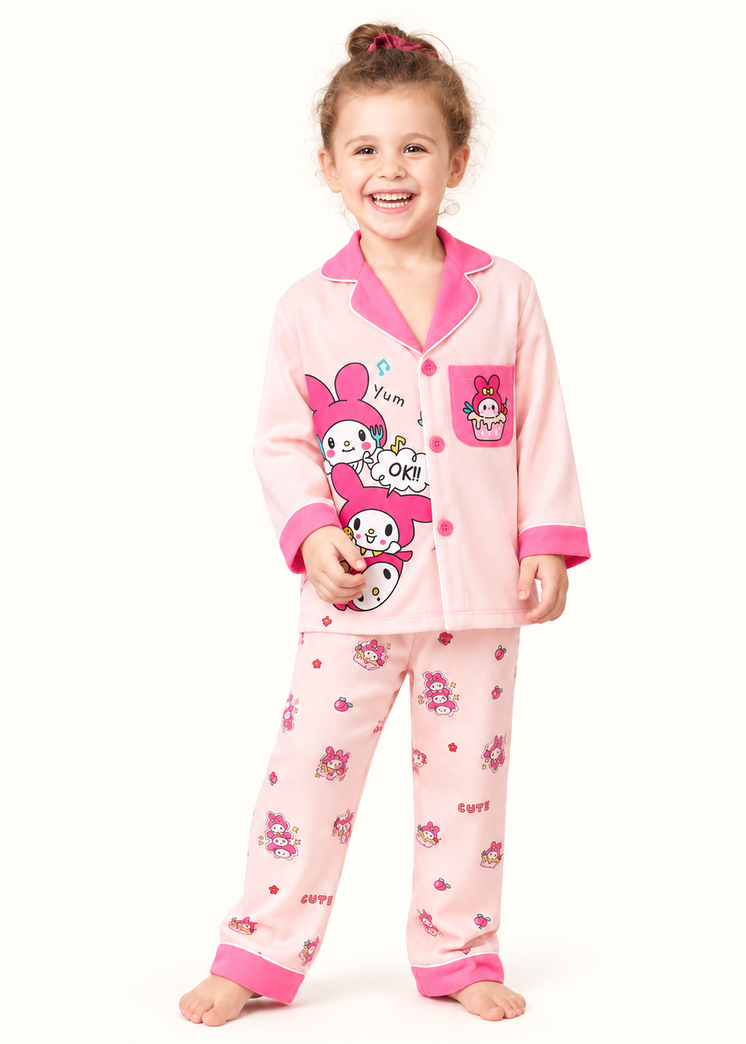 Girls Pink Cute Character Printed PJ Set – Long Sleeve Top & Pant