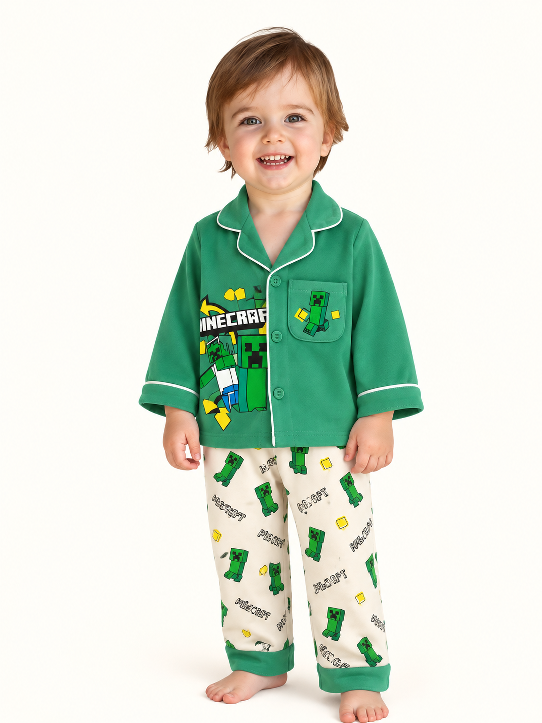 Kids Green Gaming Character PJ Set – Long Sleeve Top & Printed Pants