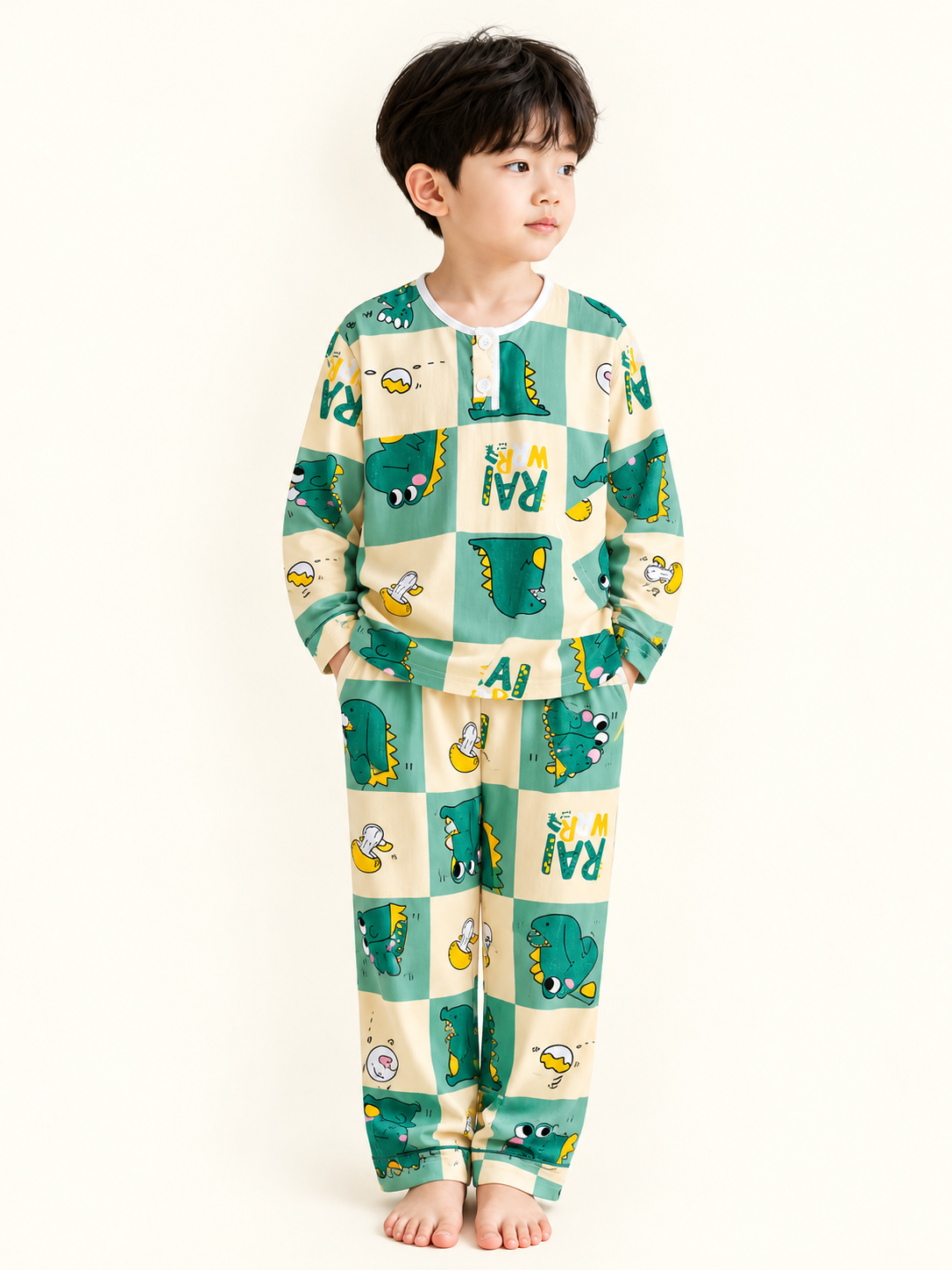 Kids Dinosaur Print Pajama Set – Cute Green Dino Sleepwear