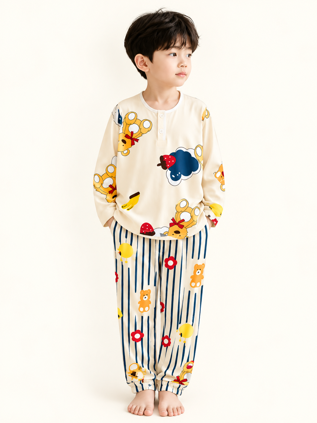 Kids Bear Print Pajama Set – Cute Cartoon Bear Long Sleeve Sleepwear