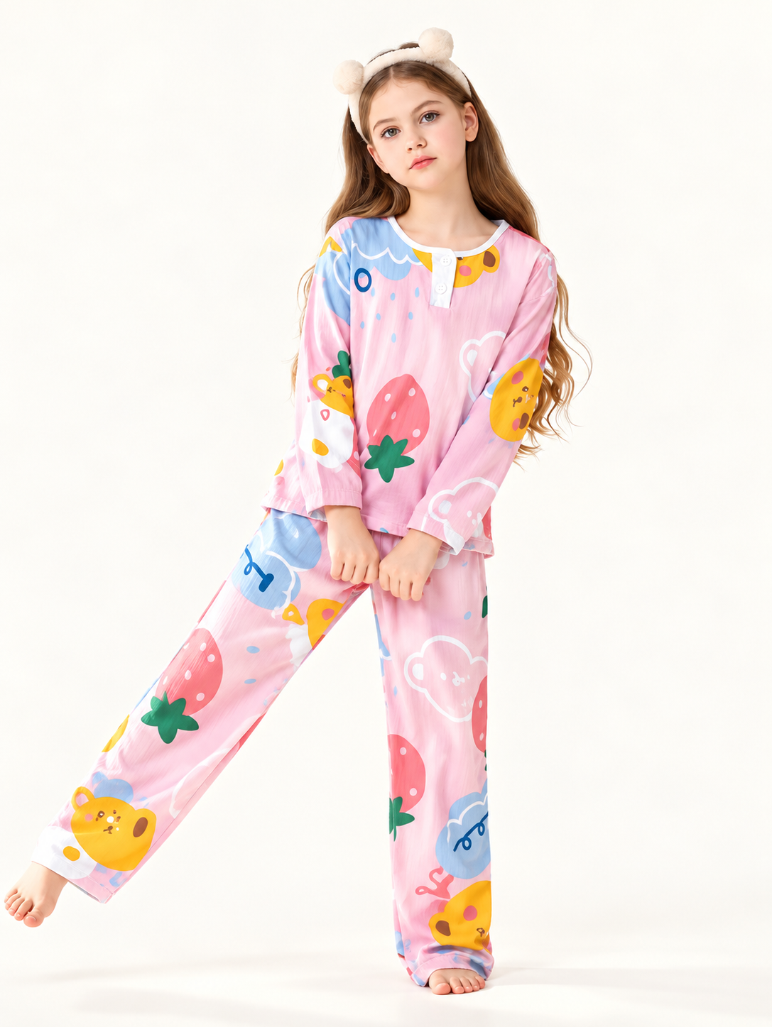 Girls Cute Strawberry Bear Pajama Set – Pink Printed Kids Sleepwear