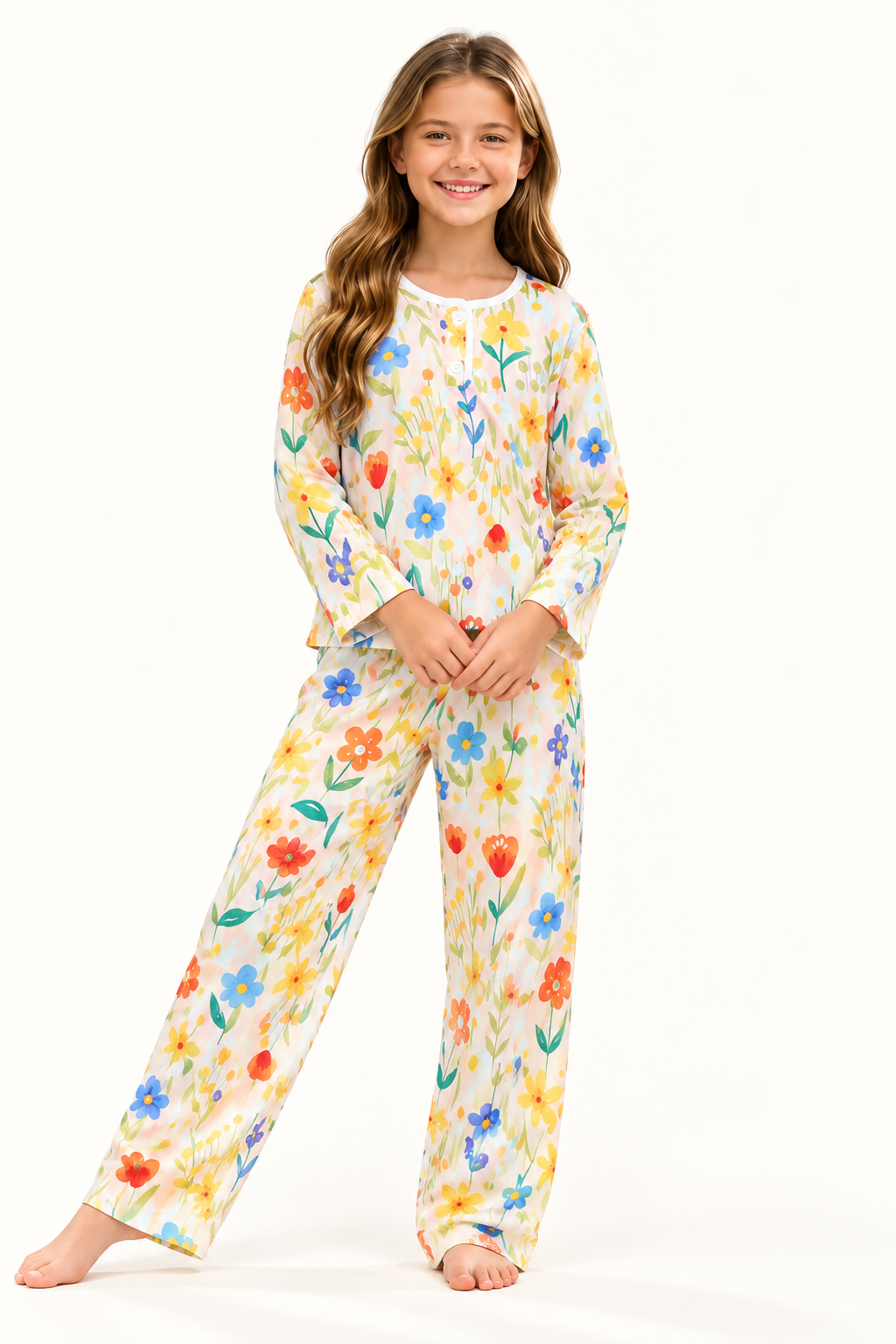 Girls Floral Printed Pajama Set – Colorful Flower Kids Sleepwear