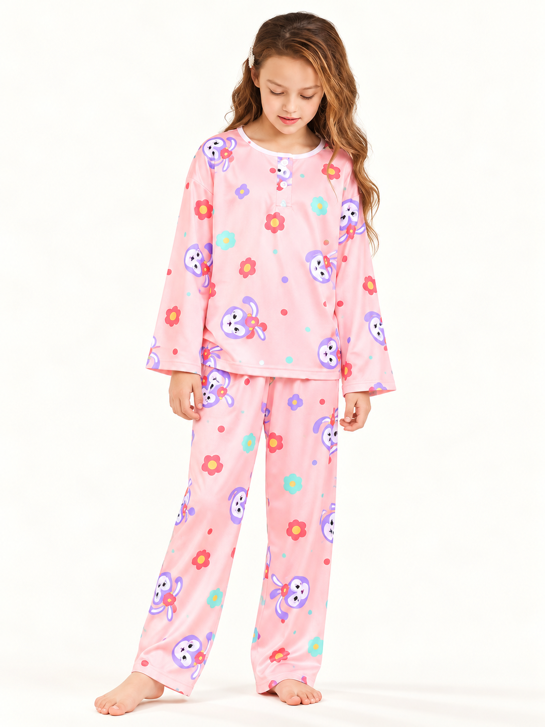 Girls Bunny & Floral Printed Pajama Set – Cute Pink Kids Sleepwear