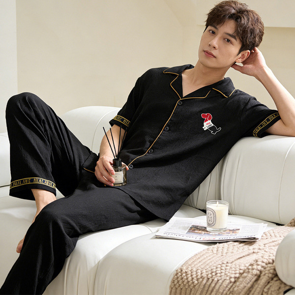 Men’s Night Suit – Black Half Sleeve Pajama Set with Long Pants