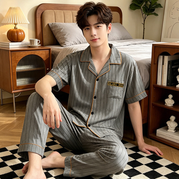 Premium Grey Pajama with Orange Piping & Long Pants Gents Nightwear Set