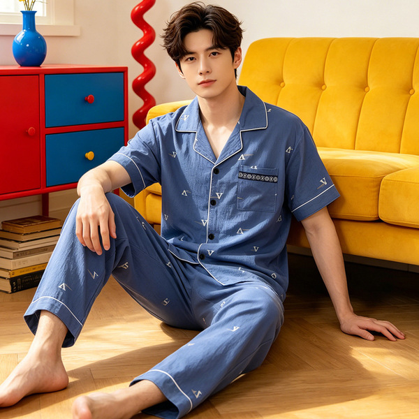 Blue Printed Sleepwear with Chest Pocket Men’s Cotton Night Suit