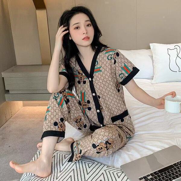 Women's Satin Printed Pajama Set – Short-Sleeve Shirt & Full-Length Pants