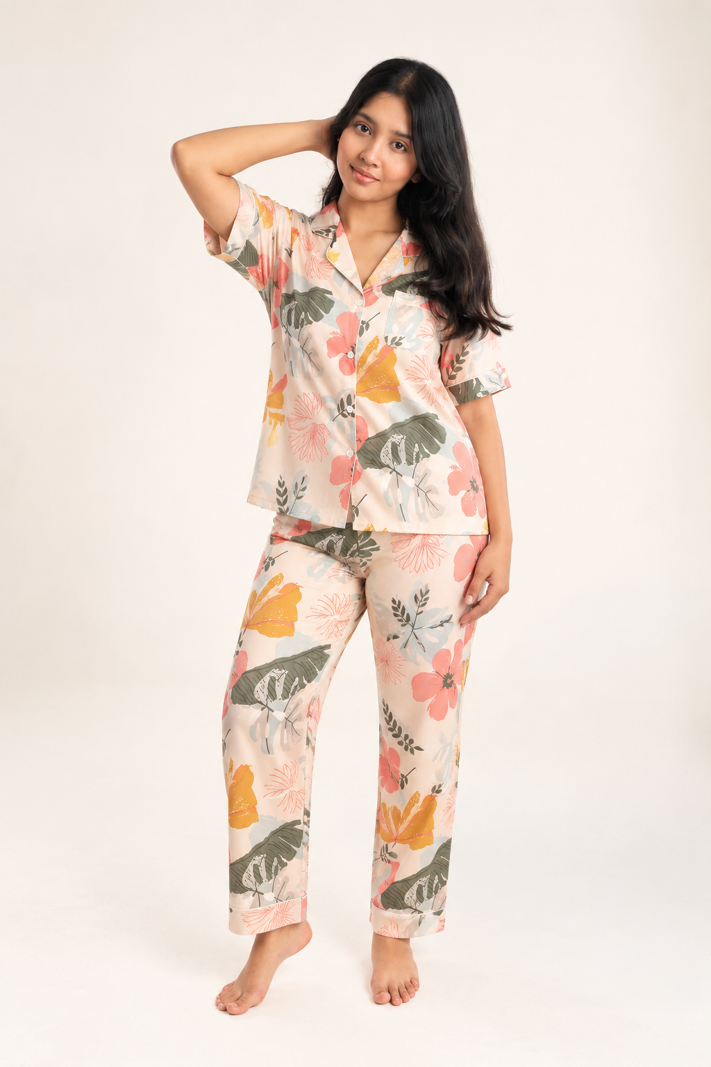 Women's Floral Cotton Pajama Set – Short Sleeve Button-Up Shirt & Full-Length Pants
