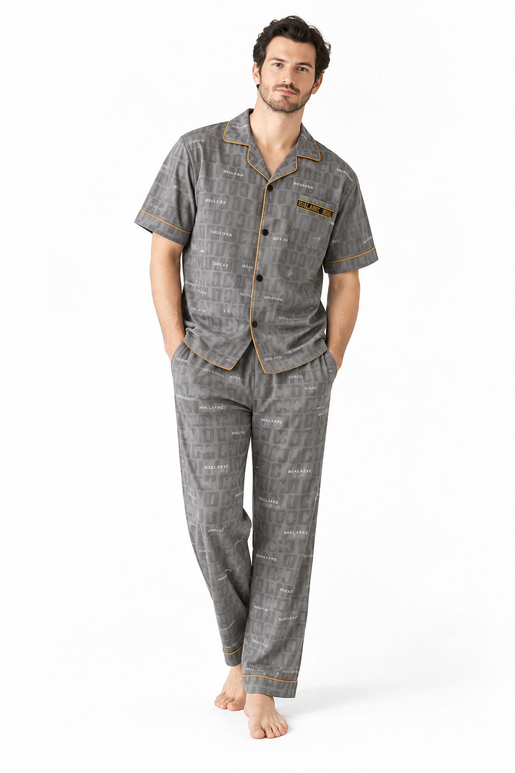 Men's Grey Printed Cotton Pajama Set – Short Sleeve Button-Up Shirt & Full-Length Pants