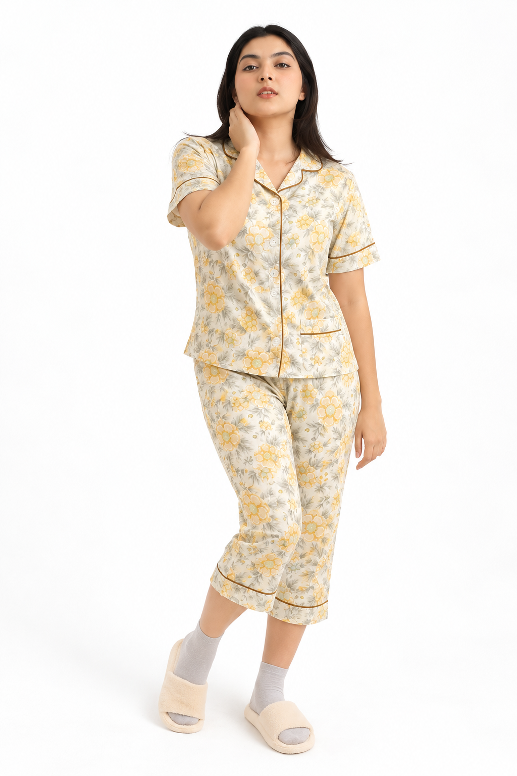 Women's Floral Printed Cotton Pajama Set – Short Sleeve Button-Up Shirt & Matching Shorts