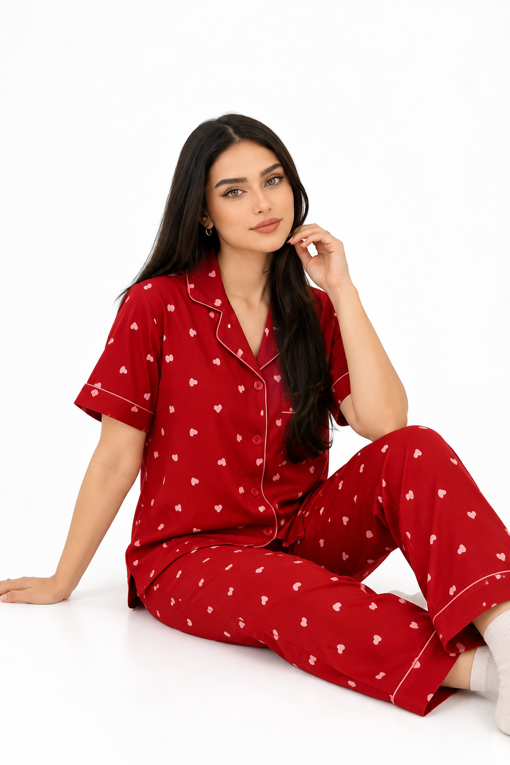Women's Red Heart Print 3-Piece Cotton Pajama Set – Button-Up Shirt, Full-Length Pants & Shorts