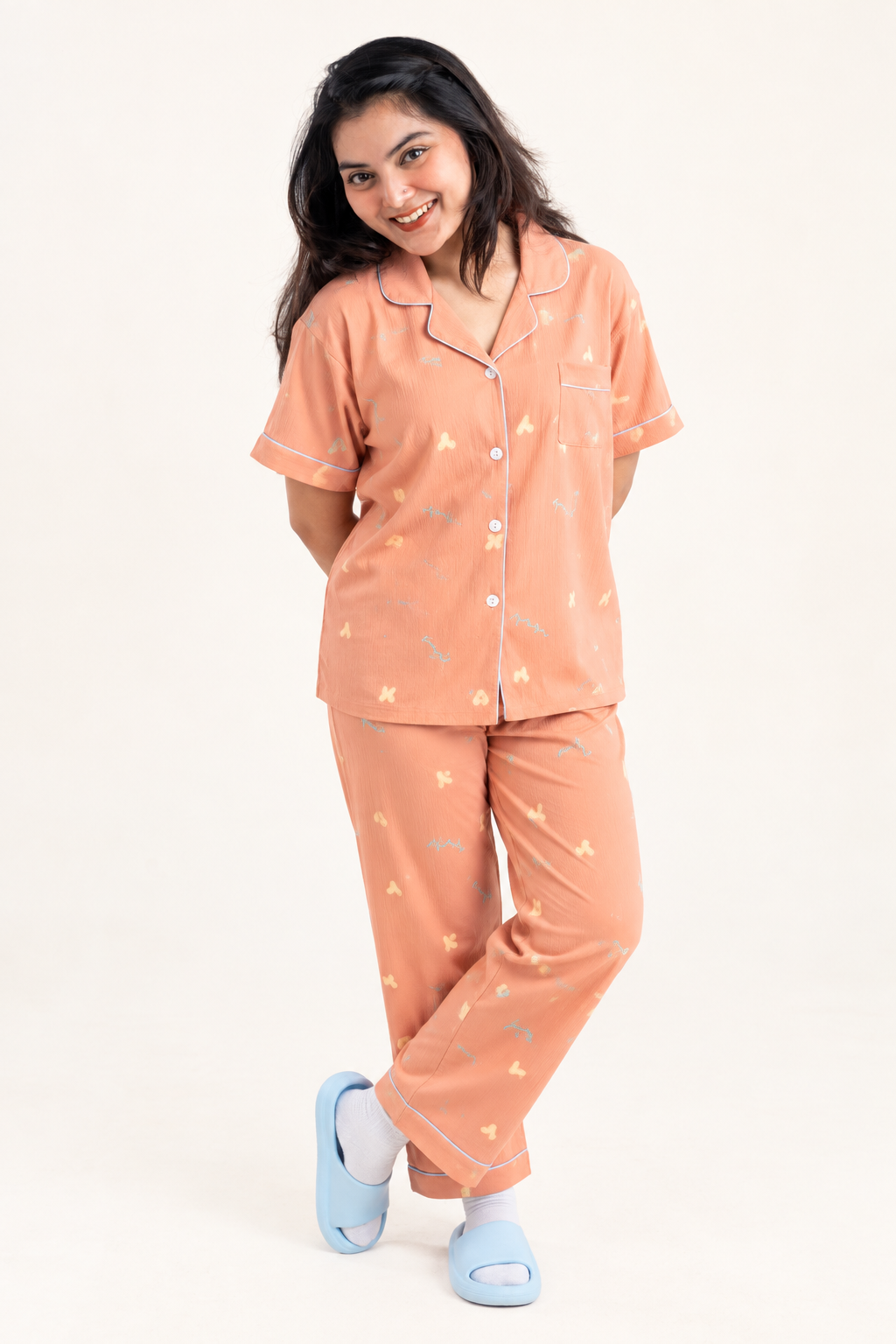 Women's Peach Printed Cotton Pajama Set – Short Sleeve Button-Up Shirt & Full-Length Pants