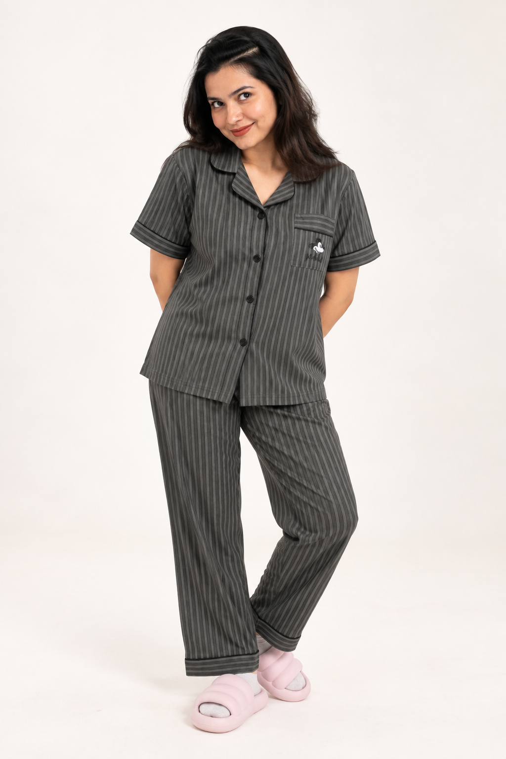 Women's Dark Grey Striped 3-Piece Pajama Set – Short Sleeve Shirt, Full-Length Pants & Shorts
