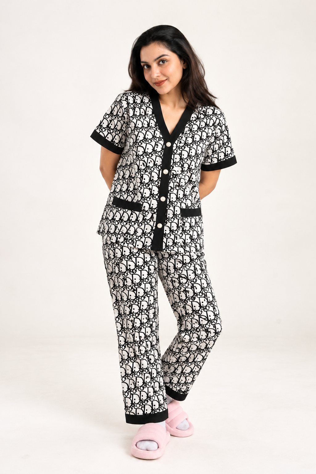 Women's Black & Beige Satin Pajama Set – Short Sleeve Shirt & Full-Length Pants