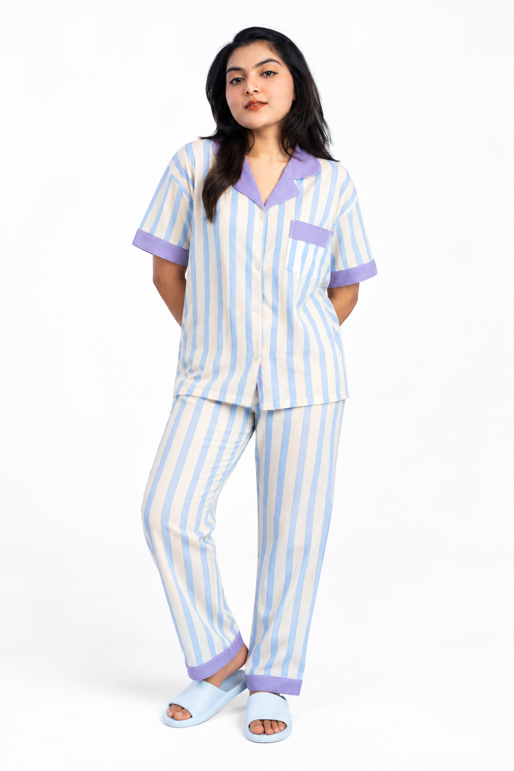 Women's Butter Cotton Striped Pajama Set – Short Sleeve Shirt & Full-Length Pants