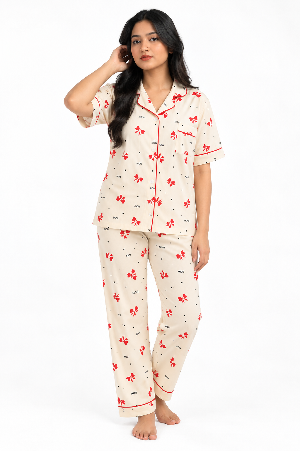 Women's Cotton Bow Print Pajama Set – Short-Sleeve Shirt & Full-Length Pants
