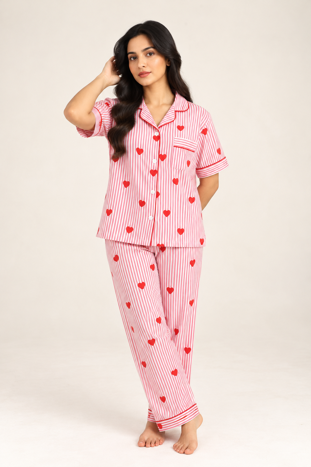 Women's Cotton Red Heart Print Pajama Set – Half-Sleeve Shirt & Full-Length Pants