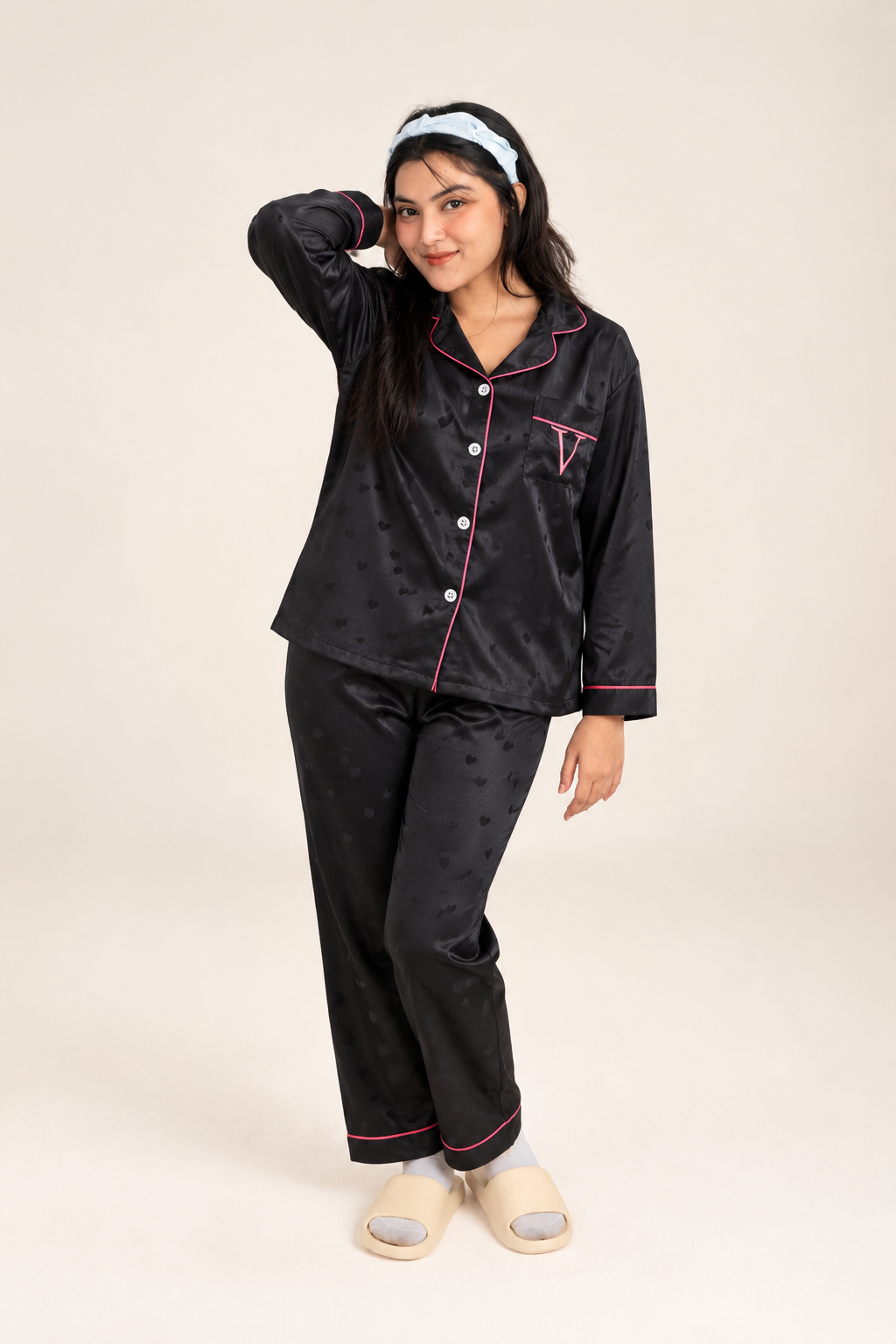 Women's Cotton Black Heart Print Pajama Set – Full-Sleeve Shirt & Full-Length Pants